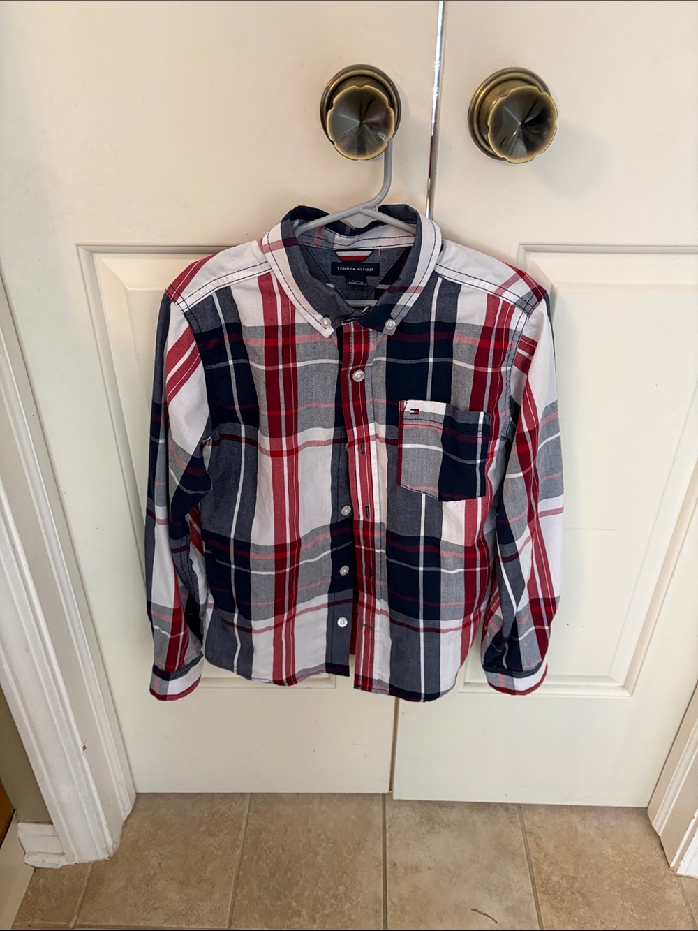 Tommy Hilfiger Red, Navy & White Plaid Button-Down Shirt size 7